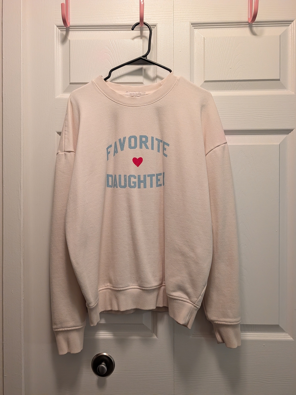 Favorite Daughter Cream Crewneck Sweatshirt with Blue Logo and Red Heart